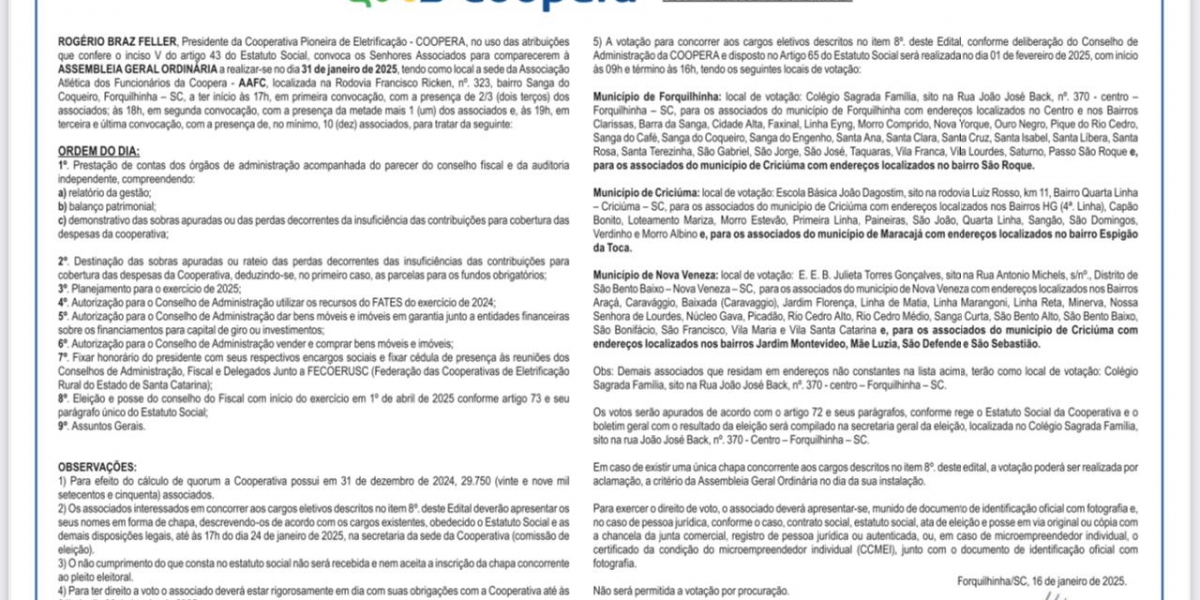 Edital Assembleia Geral da Coopera 2025